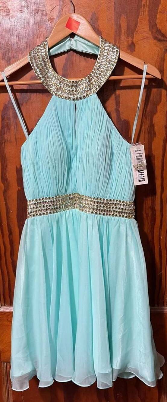 A Formal Affair Mint Green Beaded Halter Homecoming Cocktail Dress